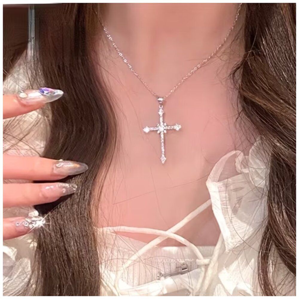 Starburst Cross Necklace CZ Stainless Steel Chain Modern Cross